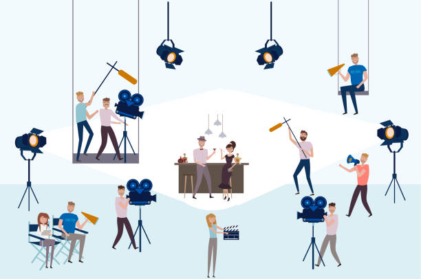 A large film crew around a camera on a set