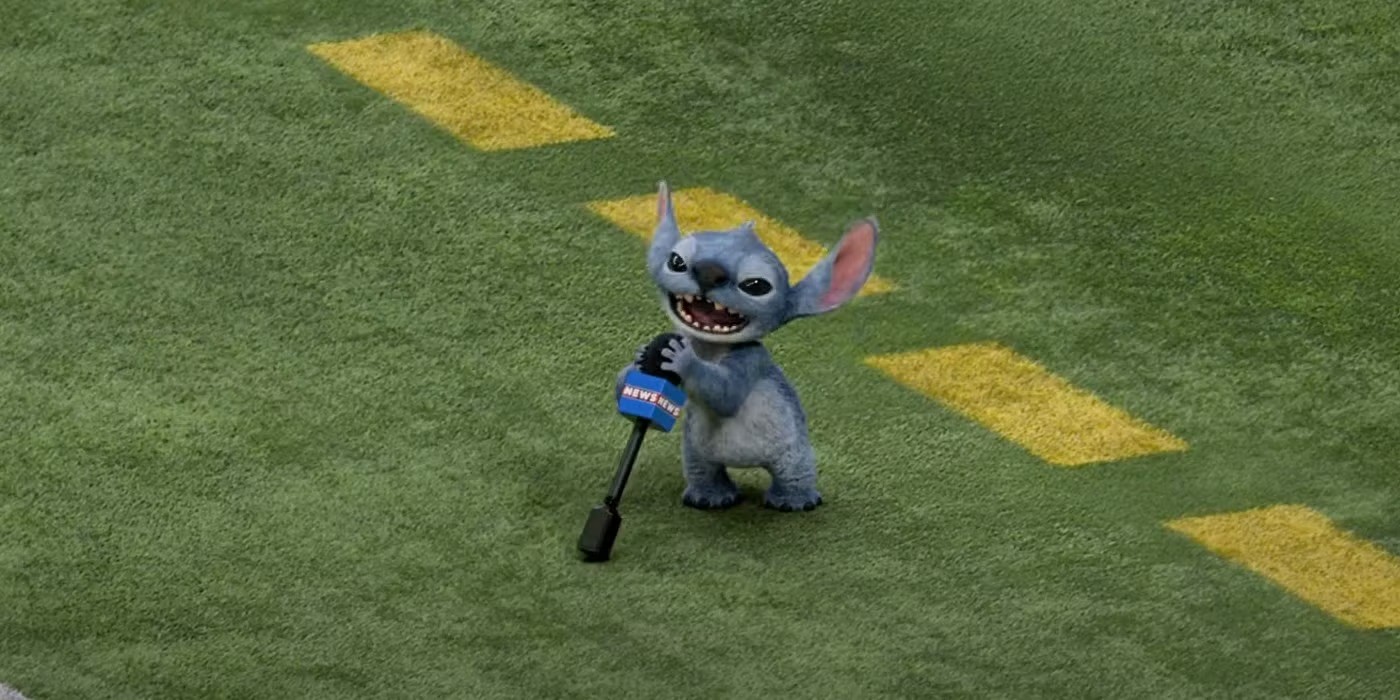 Stitch the blue alien running, for the Super Bowl commercial