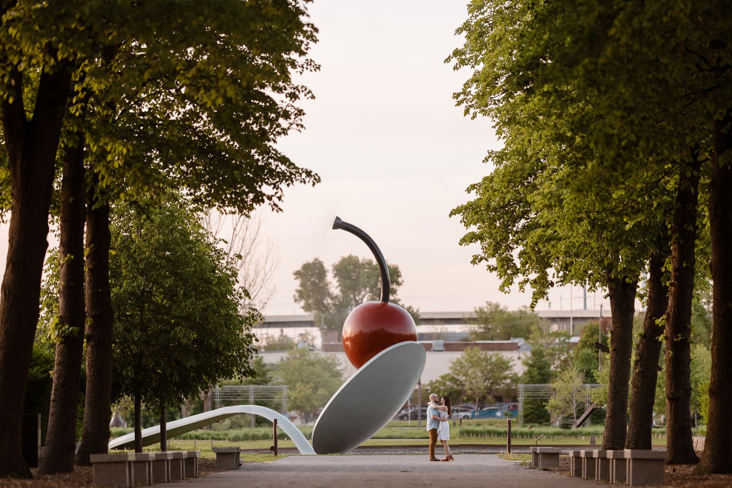 A city skyline, in the Minneapolis Sculpture Garden section