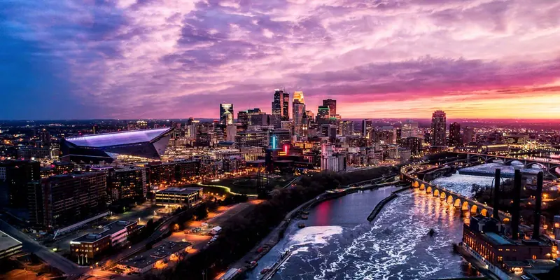 A snowy downtown skyline, for choosing a local Minnesota video company