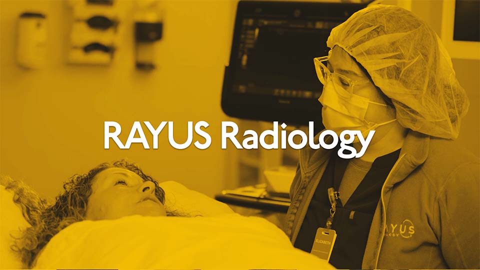 A person in scrubs beside an imaging scanner, from the RAYUS Radiology video