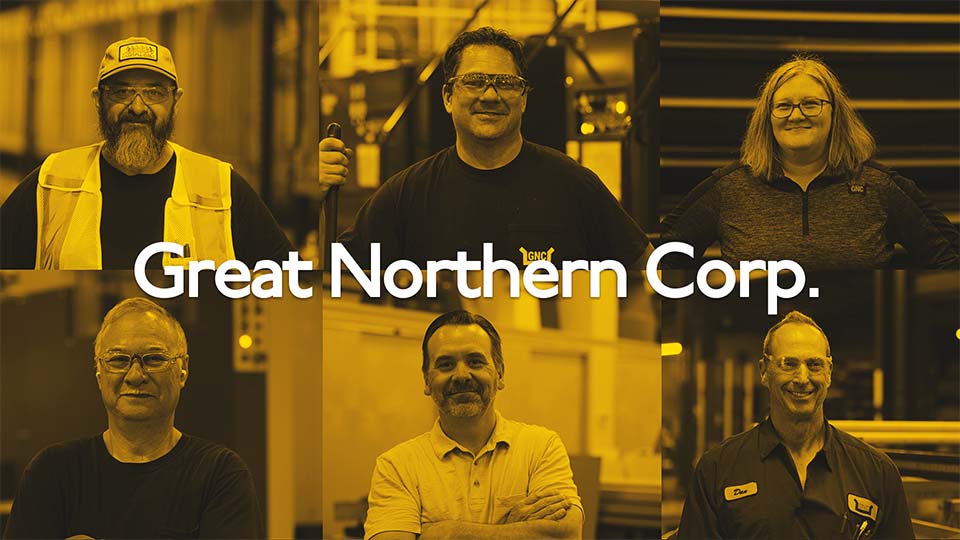 Stacked corrugated packaging on a warehouse floor, from the Great Northern Corporation overview video