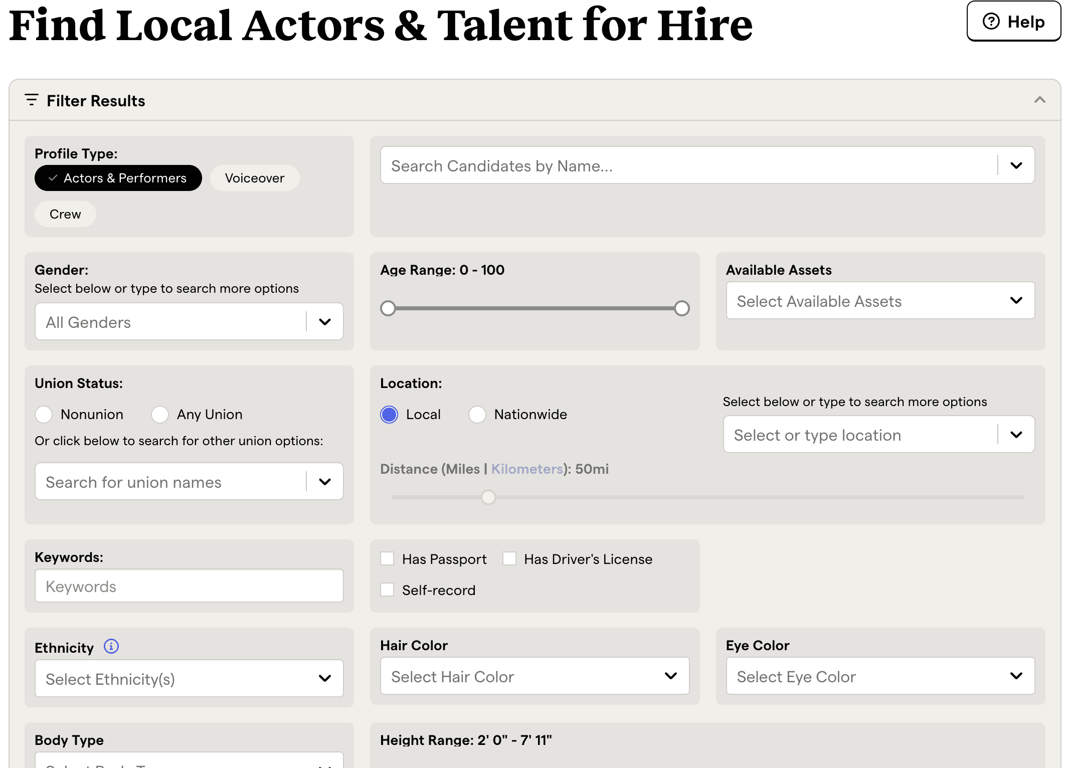 Find local actors and talent for hire on Backstage website, backstage website filtering talent option